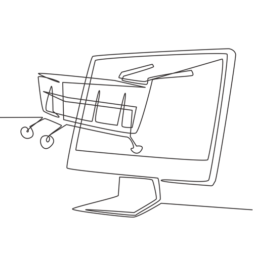 line drawings of computer and shopping cart to illustrate ecommerce